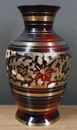 Brass Vase - Red And Black Painted With Etched Designs