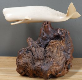 Ocean Themed Art John Perry White Sperm Whale Resin & Natural Burl-Wood