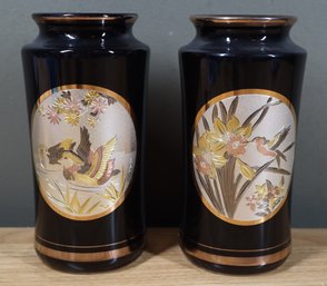 Lot- Pair Of Art Of Chokin Dynasty Black Vases Engraving In Gold