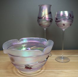 Set Of (3) Pieces Antique Poschinger Purple Iridescent Art Glass Bowl And Wine Glasses Art Nouveau