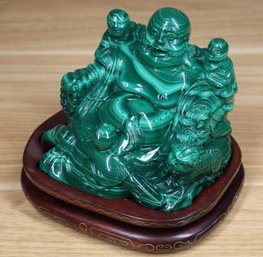 Chinese Carved Malachite Buddha Hotei On Rosewood Stand Budai Laughing Buddha