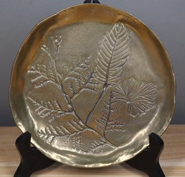 Brass Footed Plate Leaves Embossed Signed Dish Bowl