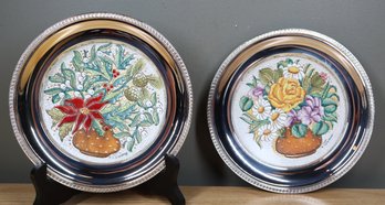 Pair Of Silver Plated  Veneto Flair Plate Four Seasons Winter 1972 And Spring 1973 Signed V. Tiziano Hanging