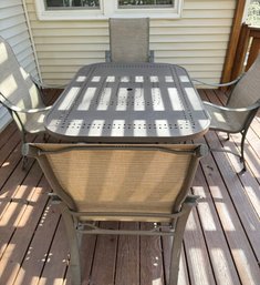 HOMECREST OUTDOOR TABLE, 4 CHAIRS, & UMBRELLA WITH BASE