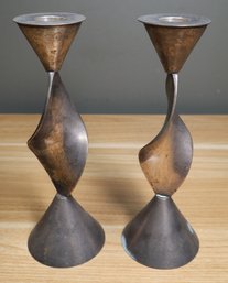 Pair Of Silver Plate Mid-century Modern Candlestick Holders