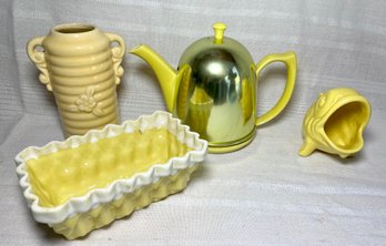 Vintage Yellow Hall Teapot With Cozy, UPCO Planter, Pottery Fish, USA Yellow Vase