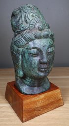 Cast Metal Buddha Head Bust Sculpture On Wooden Stand