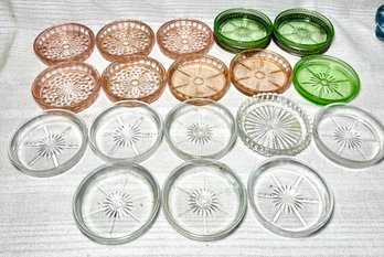 Antique Lot Depression Glass Coasters Or Individual Ashtrays Pink, Green, Clear