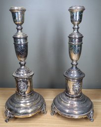 Pair Of Large Silver Plate Footed Candlestick Holders Lion's Head Motif