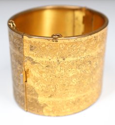 Miriam Haskell Cuff Bracelet Gilt Etched 2' Wide Signed