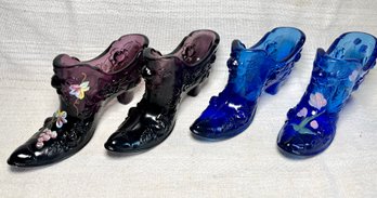 Fenton Glass Victorian Shoe Art Glass Flower Embossed Hand Painted Ladies Shoes