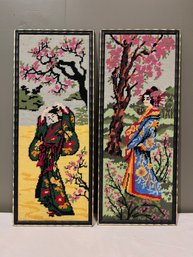 Vintage 1970's Framed Geisha Girl With Cherry Blossoms Framed Needlepoint