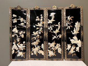 Set 4 Decorative Asian Lacquer Wall Panels Faux MOP Birds
