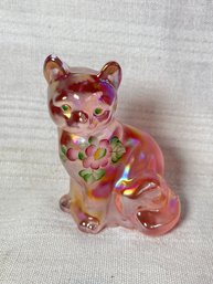 Fenton Art Glass Iridescent Carnival Glass Hand Painted Cat - Artist Signed