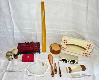 Vintage Bakelite & Lucite Vanity Dresser Box, Mirror, Boxes, Brushes, Sunglasses