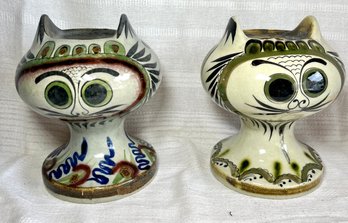 Pair Mexican Pottery Folk Art Candle Holders Tonala KE Mexico