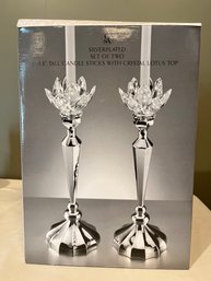 2 Large Vintage Godinger Silver Crystal Glass Lotus Candlesticks