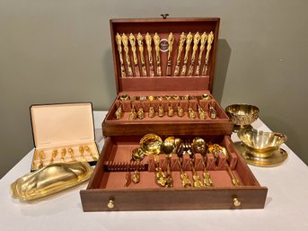 Community Silver Artistry Silverplate Flatware Service 12  Extras Gold Wash Ornate In Wooden Box