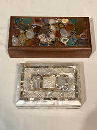 2 Decorative Boxes Stone Top And Abalone And Mother Of Pearl Trinket Boxes