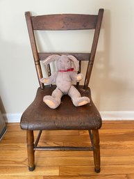 ANTIQUE PRIMITIVE WOODEN CHAIR WITH MARY MEYER STUFFED BUNNY RABBIT