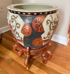 LARGE VINTAGE ASIAN PLANTER W/ WOODEN STAND KOI FISH