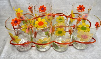 Vintage MCM 1960s Flower Power Orange, Yellow, Green Sour Cream Drinking Glasses In Wire Carrying Rack