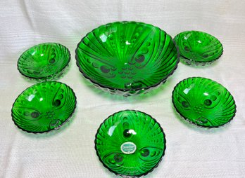 1960s Vintage Glass Bowl Dish 5 Pc Set Emerald Green Footed Swirl Bubble