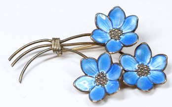 Vintage 40s Bernard Meldahl Brooch Blue Enamel Guilloche Floral Pin