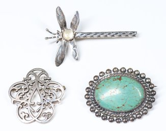 Lot Of (3) Vintage Sterling Silver Brooches Dragonfly Natural Turquoise