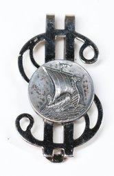 Vintage Sterling Silver Money Clip Dollar Sign With Viking Ship $