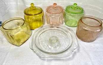 Vintage Lot Depression Glass Pink Mayfair Cookie Jar Yellow, Pink Clear Madrid  Cake Plate