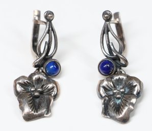 Pair Of Vintage 925 Sterling Silver Lapis Lazuli Leverback Earrings