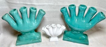 2 Vintage Turquoise Ceramic Finger Vases - Italy