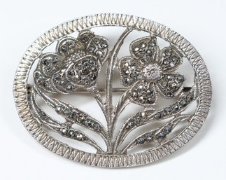 Vintage Sterling Silver And Marcasite Floral Brooch