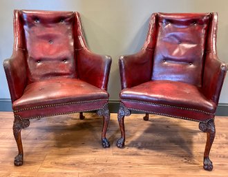 Antique Tufted Ox Blood Studded Leather Wing Armchairs Pair