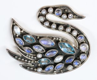 Nicky Butler Sterling Silver Moonstone And Multi-gemstone Swan Brooch 2.60ct