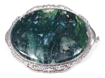 Antique Sterling Silver Moss Green Agate Brooch Pin