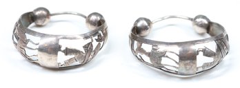 Vintage Sterling Silver Figural Pierced Cut Out Design Hoop Earrings