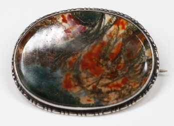 Antique Sterling Silver And Moss Agate Brooch