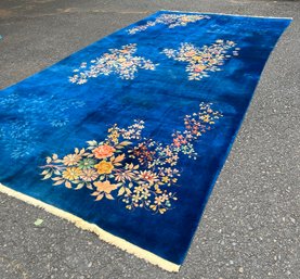 Antique Large Chinese Royal Blue Art Deco 17.5' X 8.5' Oversized Vintage Wool Rug