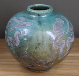 Studio Art Pottery Glazed Green Vase Leaf Design