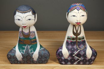 Pair Of Hand-painted Carved Couple Figures Man And Woman South Asian