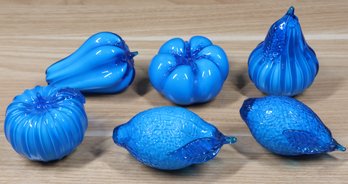 Set Of (6) Italian Murano Blue Art Glass Fruit Lemon Pumkin Pear Pepper