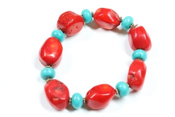 Sterling Silver Coral And Turquoise Bracelet