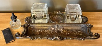 Antique Brass Ornate Inkwell With Glass Inserts