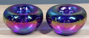 Set Of (2) Dichroic Art Glass Candlestick Holder Paperweights Handmade Etched Marking B