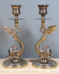 Set Of (2) Vintage Mark Baldwin Brass Koi Fish Dolphin Sea Serpent Candlesticks Candlestick Holders Candle