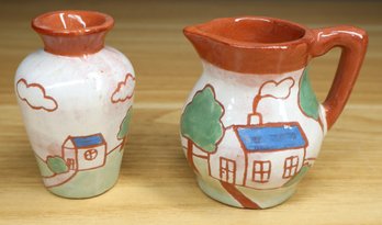 Pair Of Signed Studio Pottery Glazed Terracotta Pitcher And Jug Buildings Design