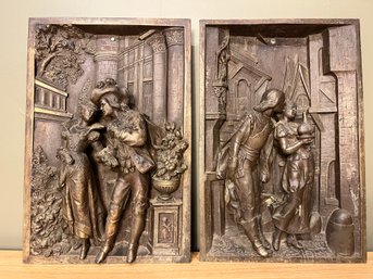 Pair 18th Century Spelter Romanesque Three-Dimensional Lovers Garden Courtship Scenes