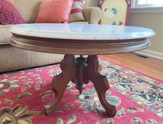 ANTIQUE WOODEN MAHOGANY MARBLE TOP COFFEE TABLE
